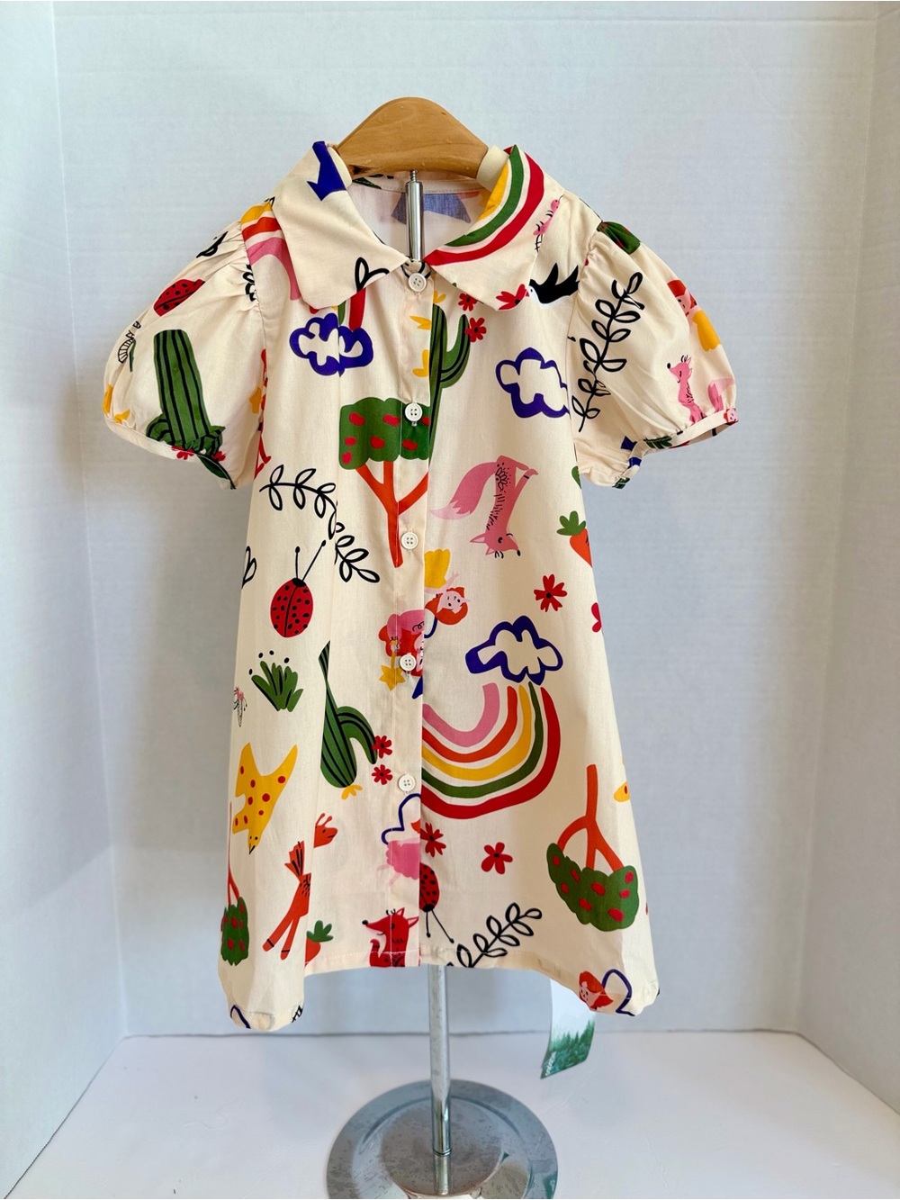Cream Button-Front Kids Dress with Colorful Animal & Rainbow Print NWT size 4T